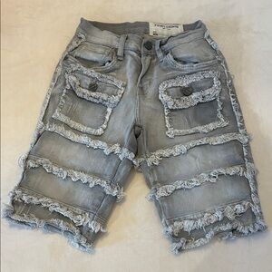 Kids Patchwork Faded and Frayed Denim Shorts in Gray